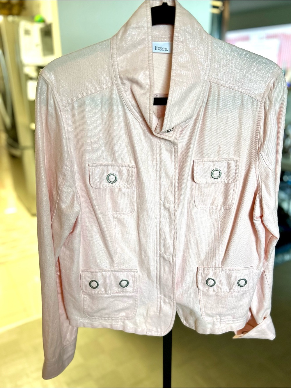liz & co.Shimmery Pale Pink Bomber Jacket.Snap silver buttons/zipper closure